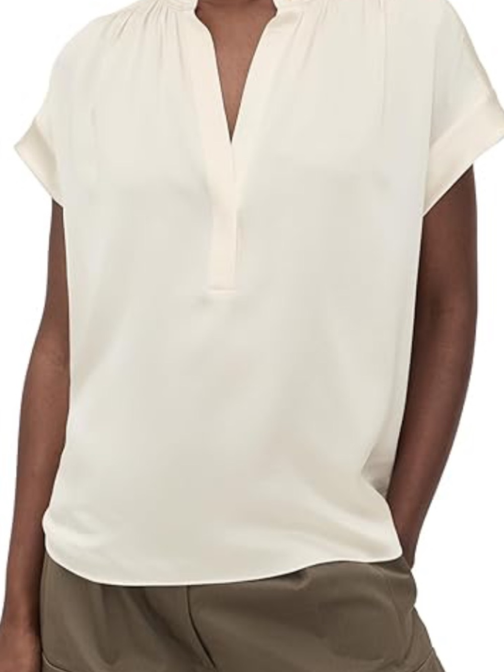 Vince Gathered Neck Cap Sleeve Silk Blouse in Cream